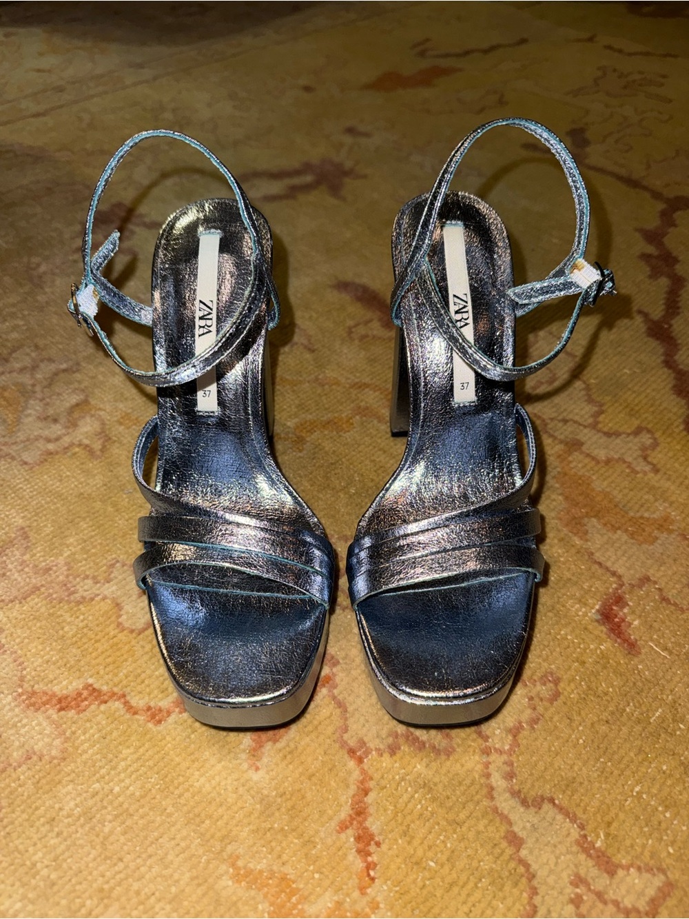 ZARA Iridescent Metallic Strappy Block Heel Sandals